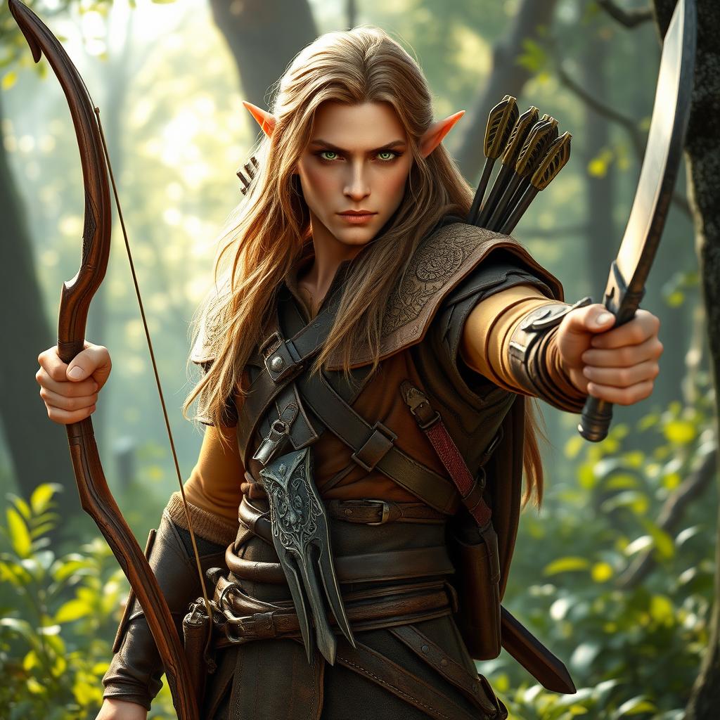 A striking elf man from the woods with light brown long hair and copper-colored skin