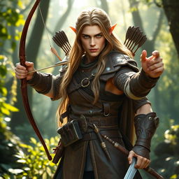 A striking elf man from the woods with light brown long hair and copper-colored skin