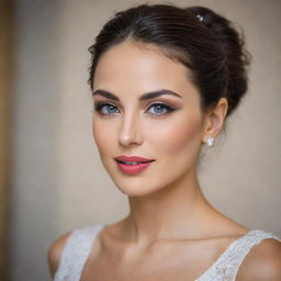 An elegant woman with distinctive features, radiating beauty and grace. She should have expressive eyes and a warm smile