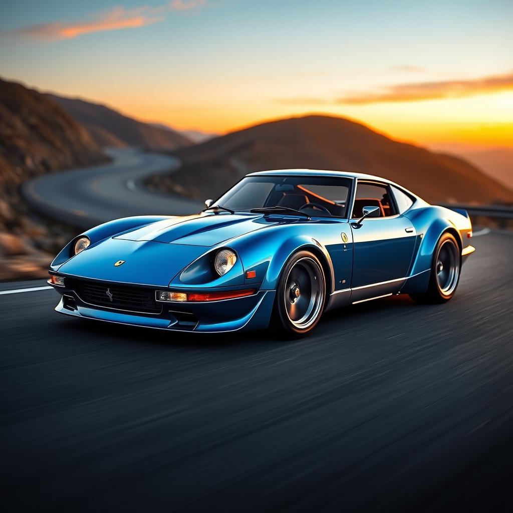 A stunning concept car that combines elements of a blue Enzo Ferrari and a classic Datsun 240Z