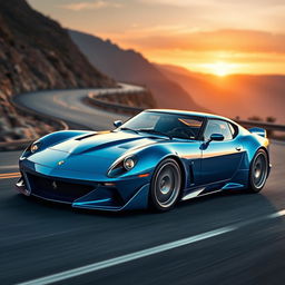 A stunning concept car that combines elements of a blue Enzo Ferrari and a classic Datsun 240Z