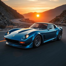 A stunning concept car that combines elements of a blue Enzo Ferrari and a classic Datsun 240Z