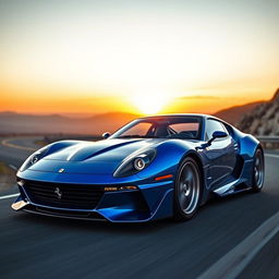 A stunning concept car that combines elements of a blue Enzo Ferrari and a classic Datsun 240Z