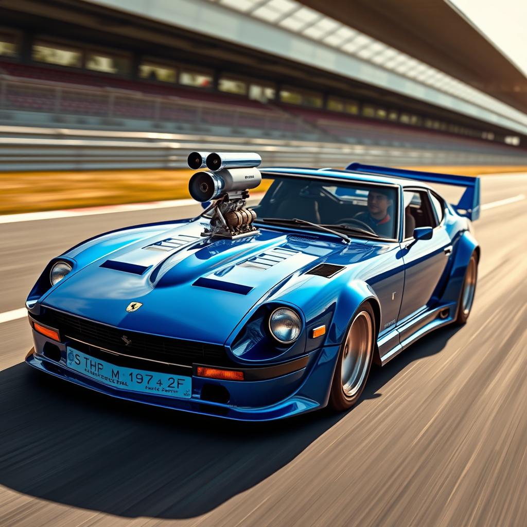 A striking fusion of a blue Enzo Ferrari and a Datsun 240Z, showcasing a sleek and powerful design