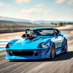 A striking fusion of a blue Enzo Ferrari and a Datsun 240Z, showcasing a sleek and powerful design