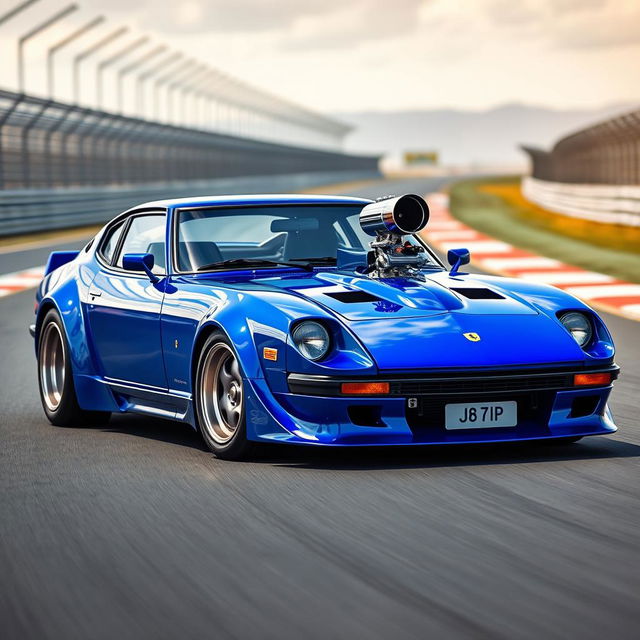 A striking fusion of a blue Enzo Ferrari and a Datsun 240Z, showcasing a sleek and powerful design