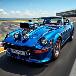 A striking fusion of a blue Enzo Ferrari and a Datsun 240Z, showcasing a sleek and powerful design