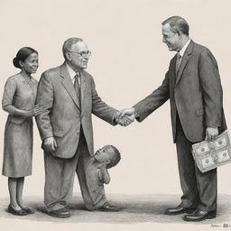 An illustration of a government figure bestowing financial aid to impoverished individuals, placing an emphasis on compassion and support.