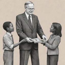 An illustration of a government figure bestowing financial aid to impoverished individuals, placing an emphasis on compassion and support.