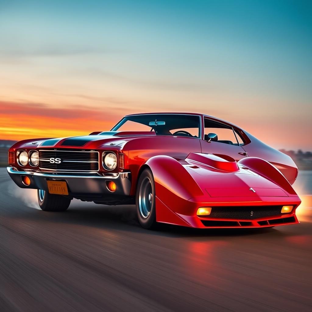 A stunning 1970 Chevelle SS 454 combined artistically with an Enzo Ferrari, showcasing the muscular bodylines and aggressive stance of the Chevelle, merged with the sleek, aerodynamic curves of the Ferrari