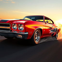 A stunning 1970 Chevelle SS 454 combined artistically with an Enzo Ferrari, showcasing the muscular bodylines and aggressive stance of the Chevelle, merged with the sleek, aerodynamic curves of the Ferrari