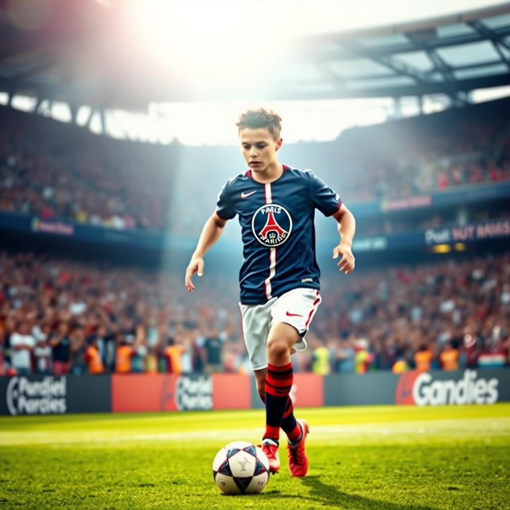 A young Paris Saint-Germain (PSG) player in action on the field, dressed in the iconic PSG jersey with the club's logo prominently displayed