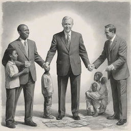 An illustration of a government figure bestowing financial aid to impoverished individuals, placing an emphasis on compassion and support.