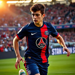 A young Paris Saint-Germain (PSG) player in action on the field, dressed in the iconic PSG jersey with the club's logo prominently displayed