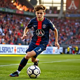 A young Paris Saint-Germain (PSG) player in action on the field, dressed in the iconic PSG jersey with the club's logo prominently displayed