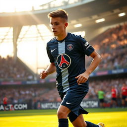 A young Paris Saint-Germain (PSG) player in action on the field, dressed in the iconic PSG jersey with the club's logo prominently displayed