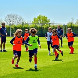 A dynamic scene featuring young soccer players at a tryout for Paris Saint-Germain (PSG), showcasing a mix of excitement and determination