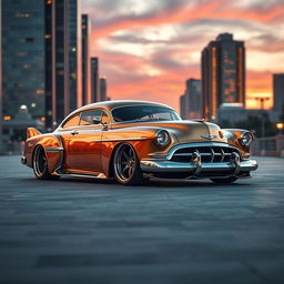 A stunning fusion of a 1951 Chevrolet with widebody styling and wide tires, integrated with futuristic design elements from modern supercars, particularly those of BMW