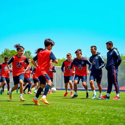 A dynamic scene featuring young soccer players at a tryout for Paris Saint-Germain (PSG), showcasing a mix of excitement and determination