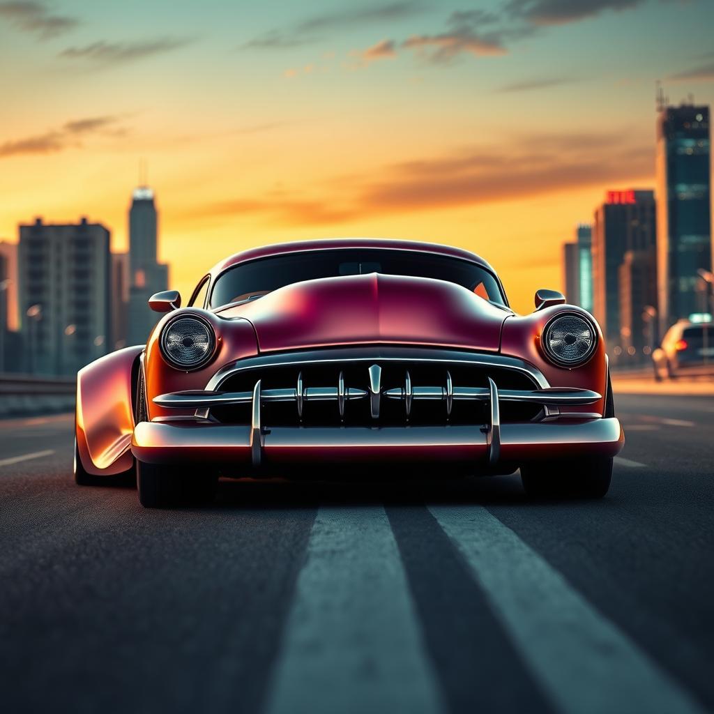 A stunning fusion of a 1951 Chevrolet with widebody styling and wide tires, integrated with futuristic design elements from modern supercars, particularly those of BMW