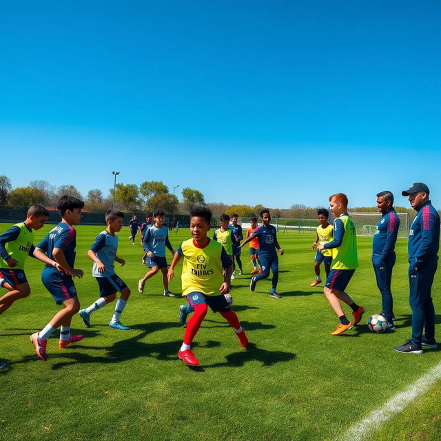 A dynamic scene featuring young soccer players at a tryout for Paris Saint-Germain (PSG), showcasing a mix of excitement and determination