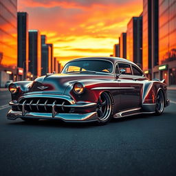 A stunning fusion of a 1951 Chevrolet with widebody styling and wide tires, integrated with futuristic design elements from modern supercars, particularly those of BMW