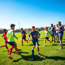 A dynamic scene featuring young soccer players at a tryout for Paris Saint-Germain (PSG), showcasing a mix of excitement and determination