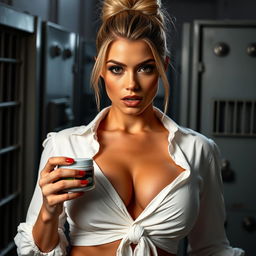 A close-up shot of a gorgeous woman with a blonde bun, wearing a tight white shirt tied in the front that accentuates her large chest and cleavage