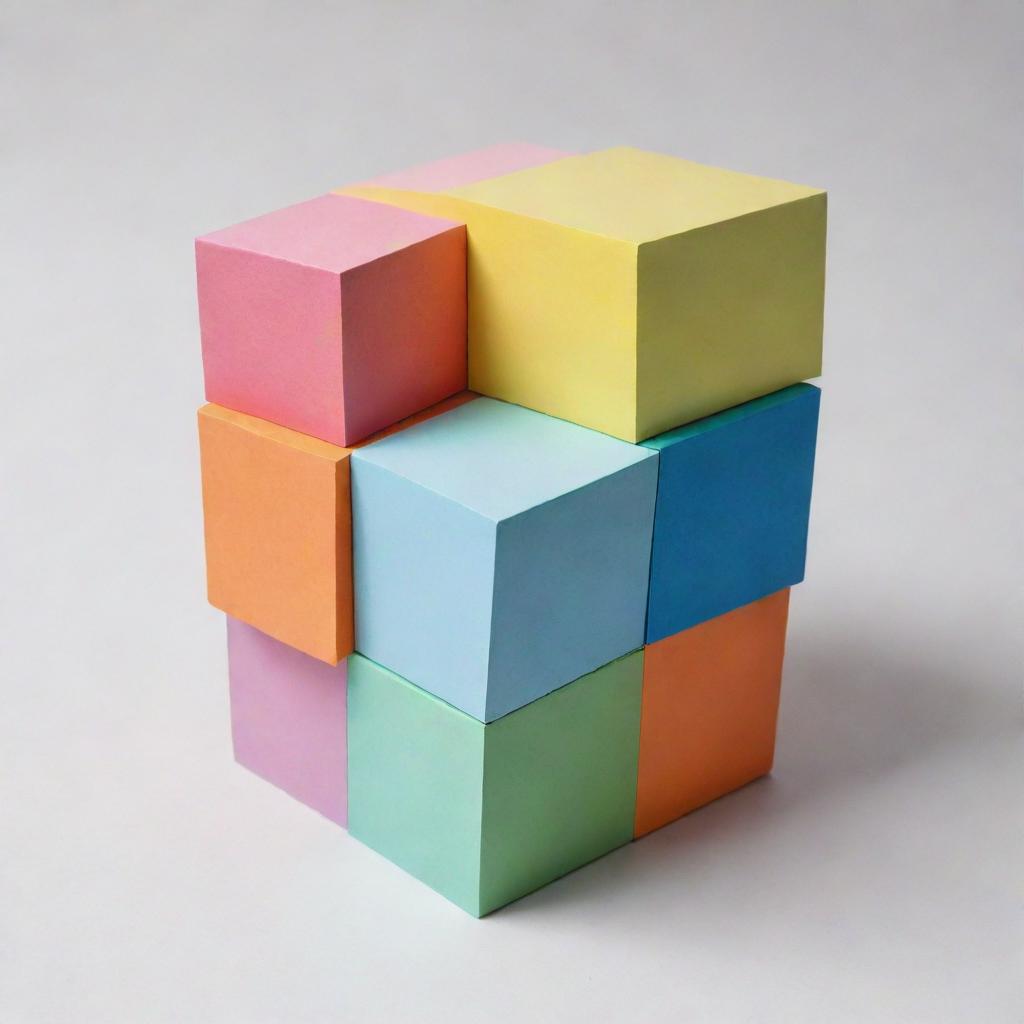 A realistic depiction of a box filled with five distinct four-sided geometric shapes, drawn on paper with a variety of colors, sizes, and orientations