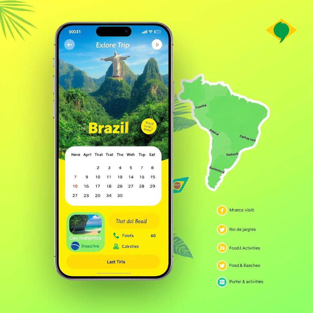 A vibrant travel app interface specifically designed for exploring Brazil