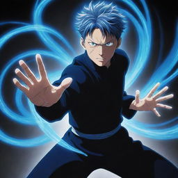 Gojo Satoru from Jujutsu Kaisen standing in a dynamic pose, the stunning blue energy of his limitless curse technique swirling around his hands.