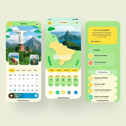 A vibrant travel app interface specifically designed for exploring Brazil