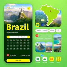 A vibrant travel app interface specifically designed for exploring Brazil