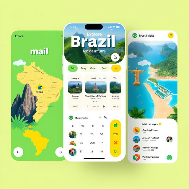 A vibrant travel app interface specifically designed for exploring Brazil