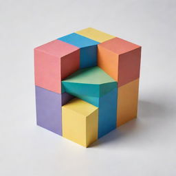 A realistic depiction of a box filled with five distinct four-sided geometric shapes, drawn on paper with a variety of colors, sizes, and orientations