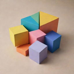 A realistic depiction of a box filled with five distinct four-sided geometric shapes, drawn on paper with a variety of colors, sizes, and orientations