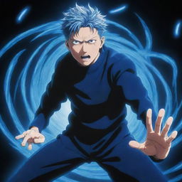 Gojo Satoru from Jujutsu Kaisen standing in a dynamic pose, the stunning blue energy of his limitless curse technique swirling around his hands.