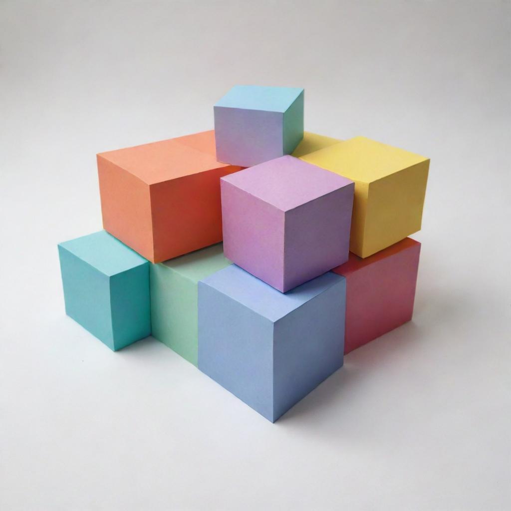 A realistic depiction of a box filled with five distinct four-sided geometric shapes, drawn on paper with a variety of colors, sizes, and orientations