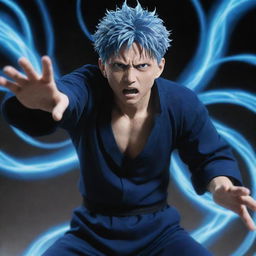 Gojo Satoru from Jujutsu Kaisen standing in a dynamic pose, the stunning blue energy of his limitless curse technique swirling around his hands.