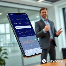 A compelling pitch image featuring a sleek, modern smartphone displaying an innovative financial application that utilizes artificial intelligence to manage and invest money automatically