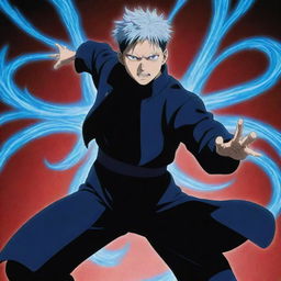 Gojo Satoru from Jujutsu Kaisen standing in a dynamic pose, the stunning blue energy of his limitless curse technique swirling around his hands.