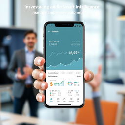 A compelling pitch image featuring a sleek, modern smartphone displaying an innovative financial application that utilizes artificial intelligence to manage and invest money automatically