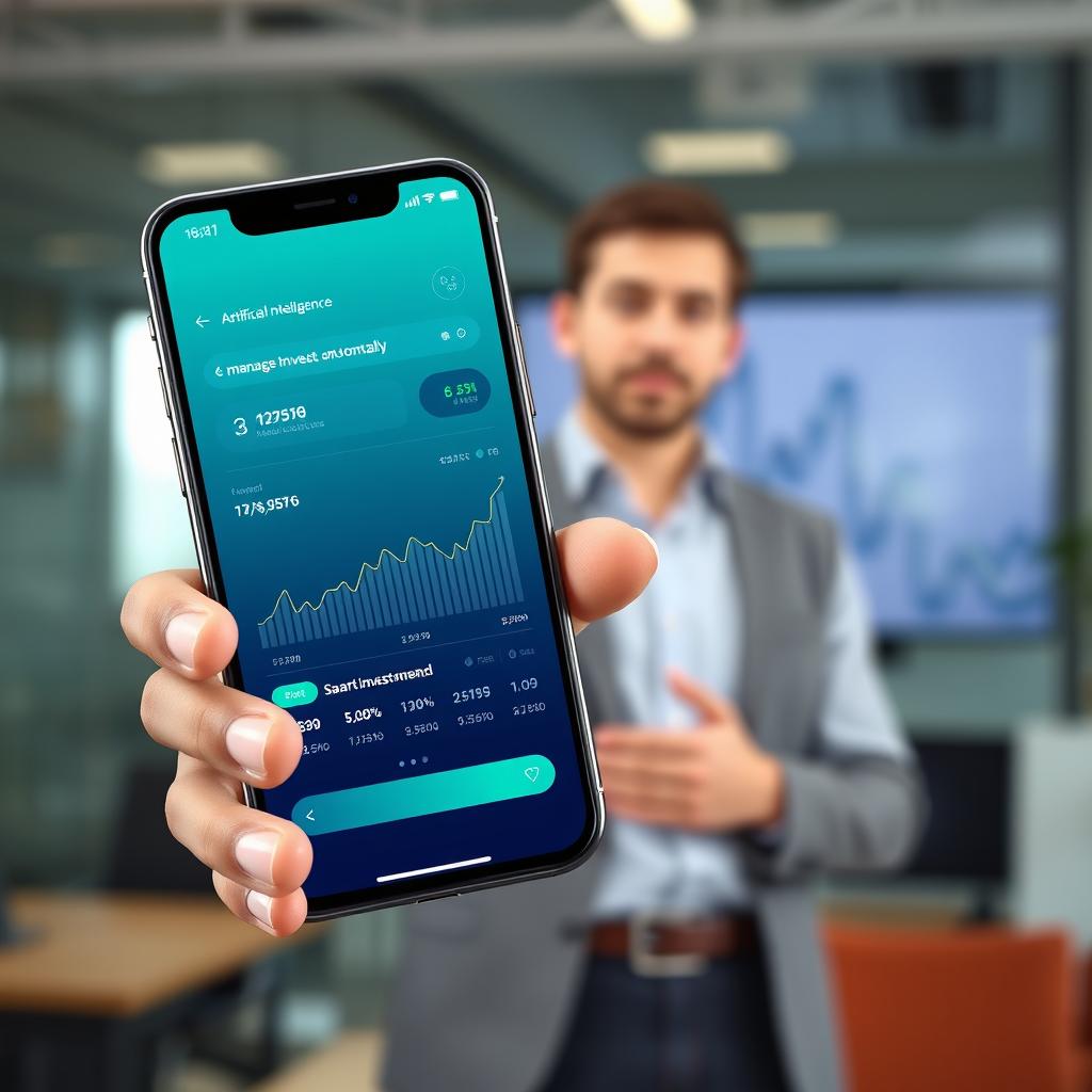 A compelling pitch image featuring a sleek, modern smartphone displaying an innovative financial application that utilizes artificial intelligence to manage and invest money automatically