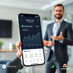 A compelling pitch image featuring a sleek, modern smartphone displaying an innovative financial application that utilizes artificial intelligence to manage and invest money automatically