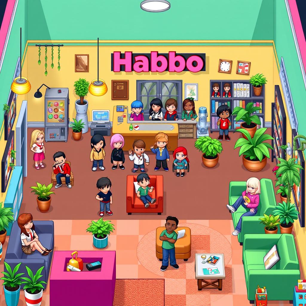 A pixel art scene inspired by Habbo