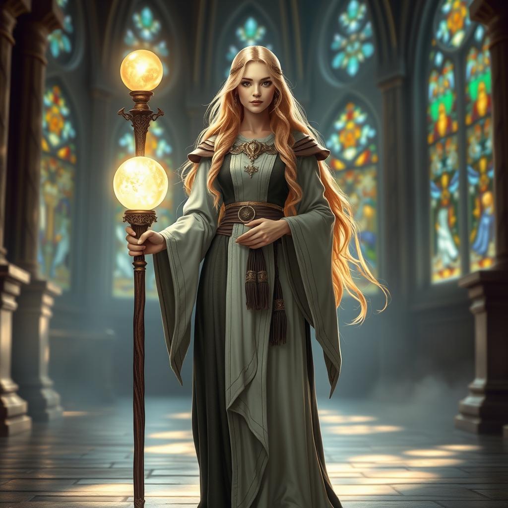 A beautiful human female cleric standing confidently, adorned in elegant clerical robes that blend traditional and fantastical elements