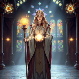 A beautiful human female cleric standing confidently, adorned in elegant clerical robes that blend traditional and fantastical elements