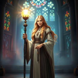 A beautiful human female cleric standing confidently, adorned in elegant clerical robes that blend traditional and fantastical elements