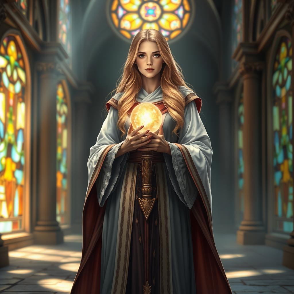 A beautiful human female cleric standing confidently, adorned in elegant clerical robes that blend traditional and fantastical elements