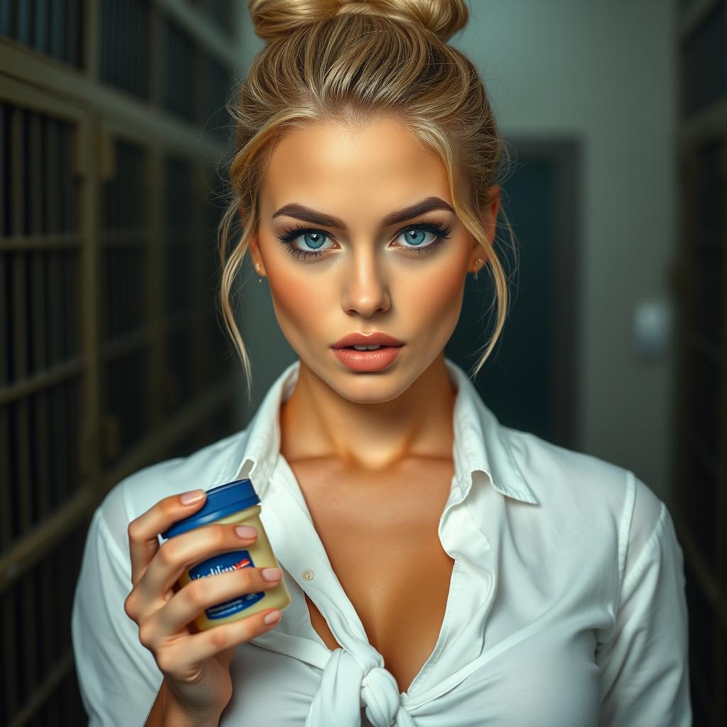 A stunning close-up shot of a beautiful young woman with blonde hair styled in a bun